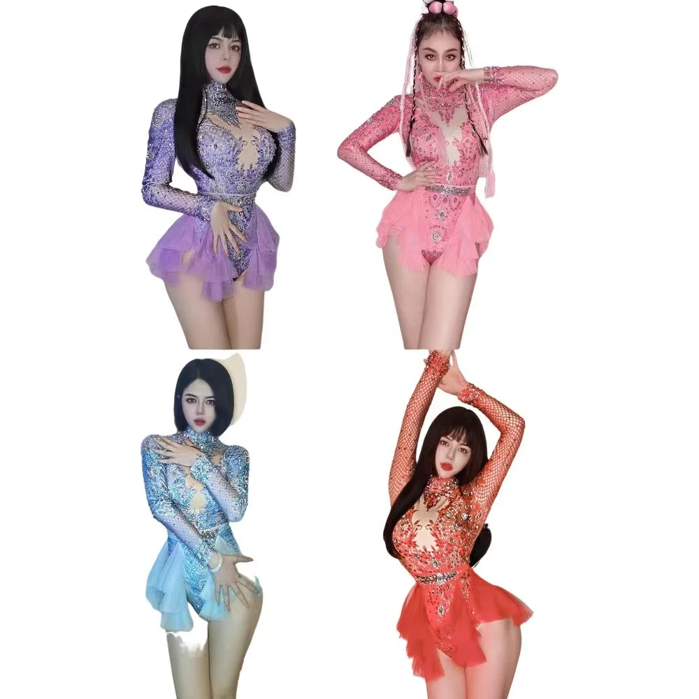 Women ElasticPink Mesh Ruffles Crystal Leotard NightclubDancer Costume Stage Wear Party Outfit Sparkly Rhinestones Bodysuit