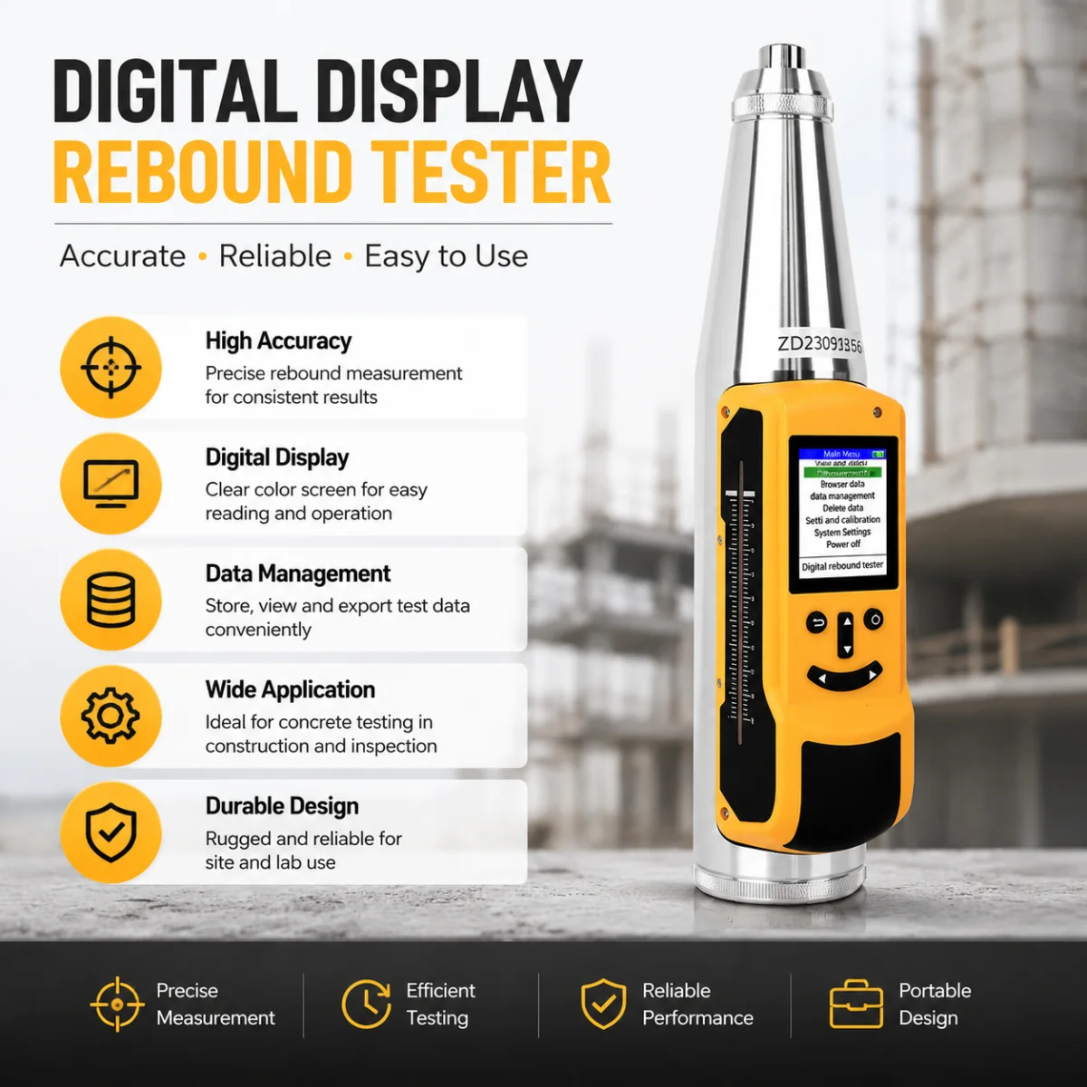 Digital Schmidt Concrete Rebound Hammer Compressive Strength Tester NDT ISO Civil Engineering Building Inspection Device