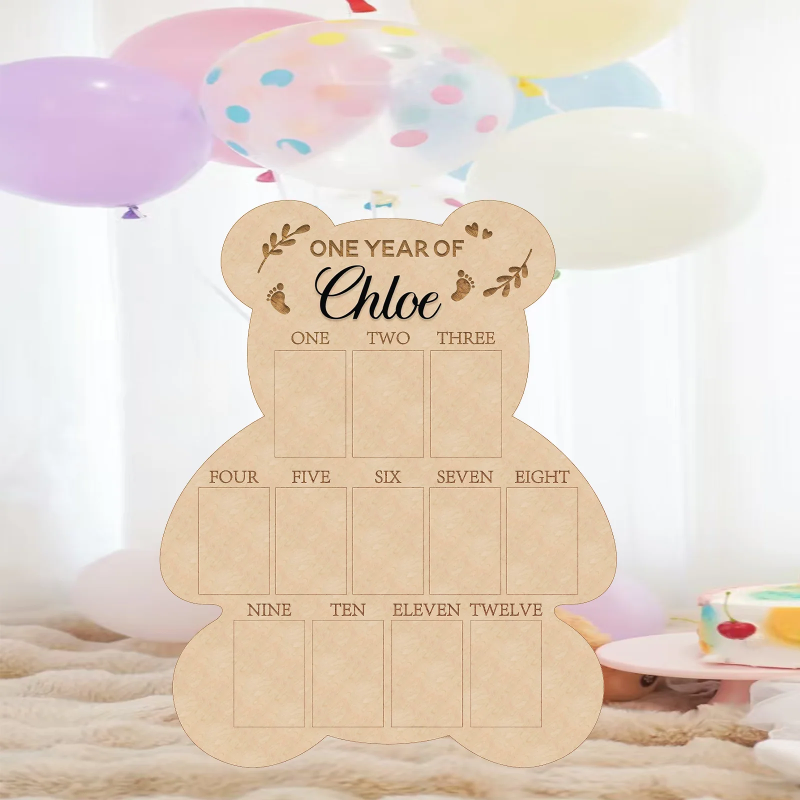 

Personalized Bear Design Baby Photo Board - Custom Name with 5 Color Options, 12 Monthly Slots (16"x12.87")