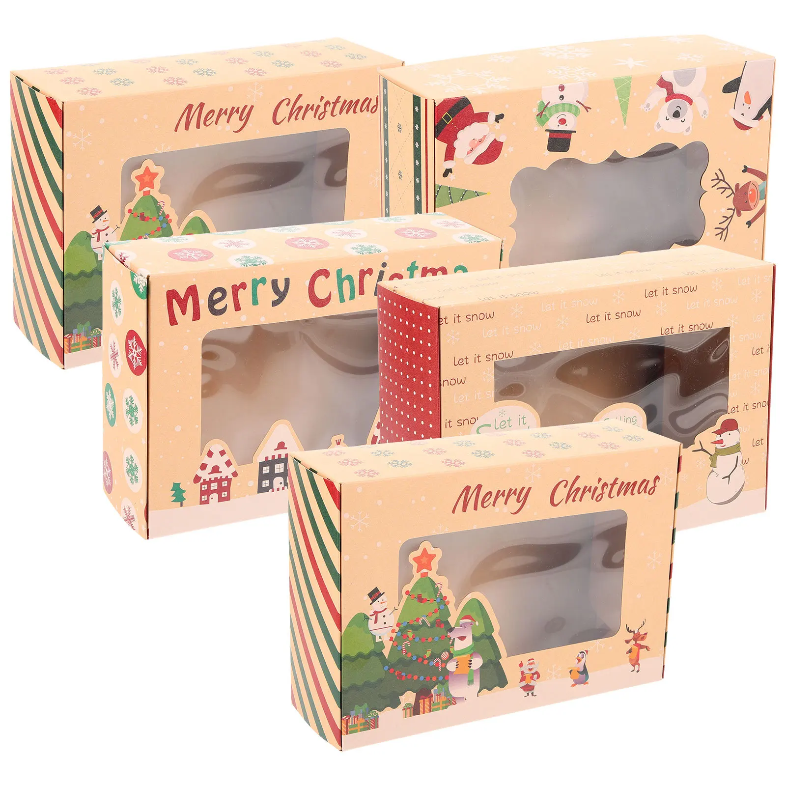 

5Pcs Christmas Paper Bakery Cookie Gift Boxes Clear Window Snowman Christmas Pattern Candy Packaging Bakery Box
