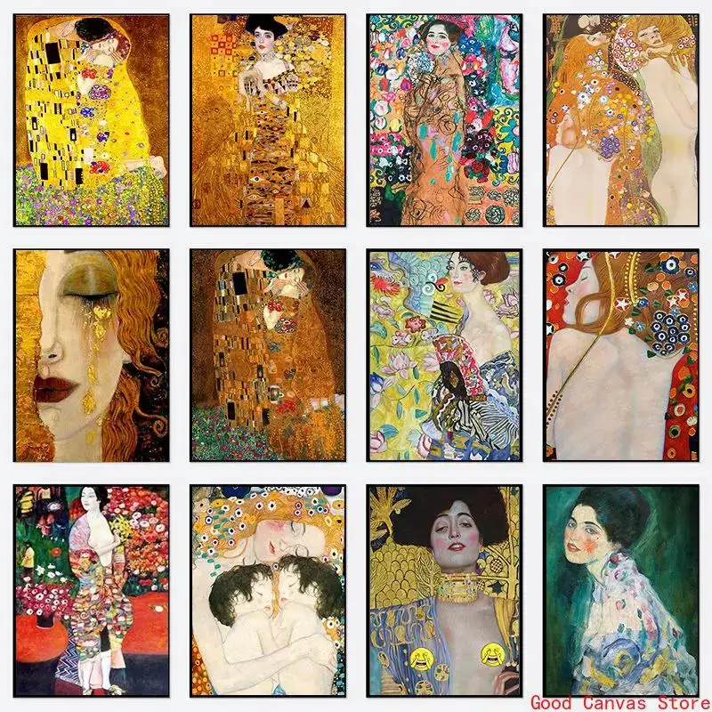 Elegante Gustav Klimt Freyas Tears Kiss lienzo arte de pared pintura clásica impresiones para decoración para sala de estar carteles imágenes