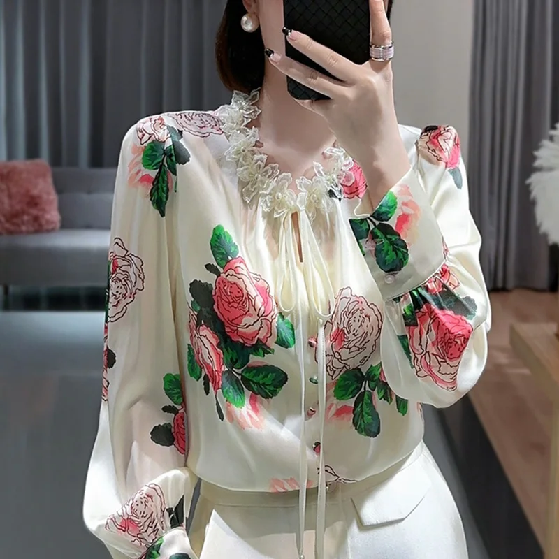 Blusa de encaje con cuentas estampadas Vintage para mujer, ropa con lazo, Tops que combinan con todo para oficina, otoño e invierno, 2023