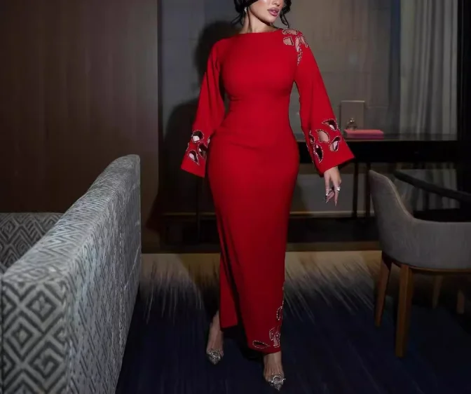 

Women's Solid Color Fashionable Rhinestone Hollow Out Long Sleeved Hip Hugging Dress Gorgeous Socialite Style Elegant Dress