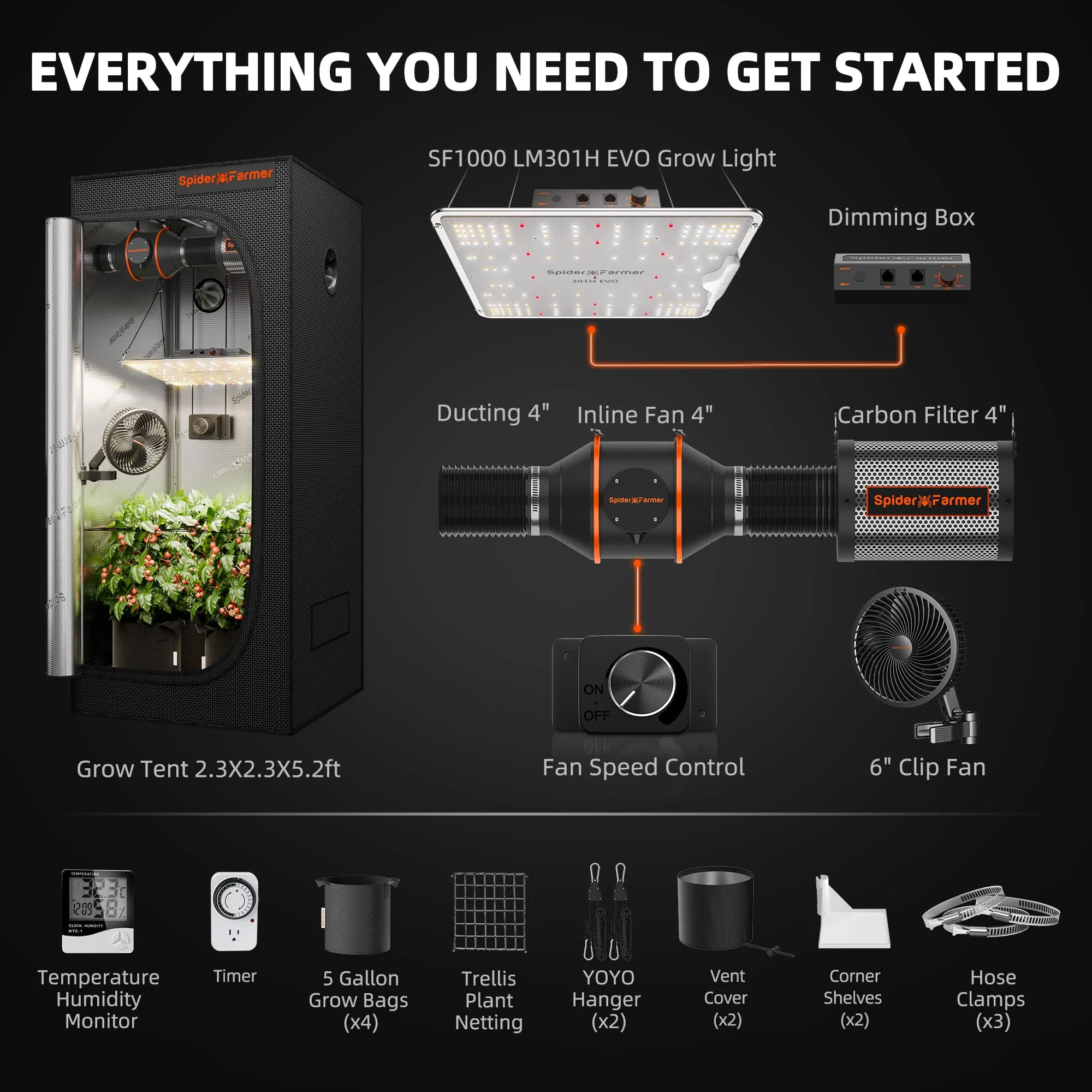 Spider Farmer 70x70x160cm GrowBox مجموعة كاملة مع SF1000 Samsung301HEVO شاشة LED كاملة الطيف 6 "مشبك تهوية 4" تنمو التهوية