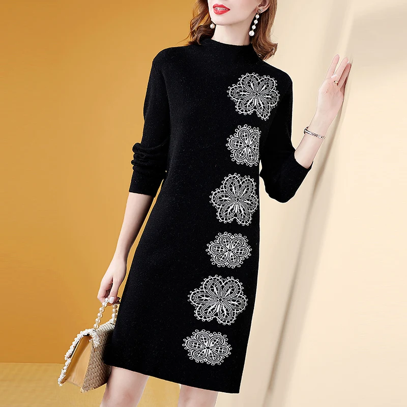 

2023 Autumn Winter Casual Solid Retro Knitted Dress Women's Turtleneck Knee Length Wool Dresses Sweater Tunics