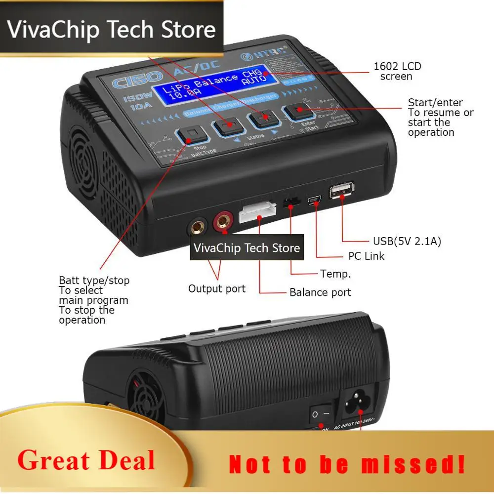 VivaCTOriginal HTRC C150 Lipo Charger Battery Rc AC / DC 150W 10A RC Balance Discharger For LiPo LiHV LiFe Lilon NiCd NiMh Pb Ba