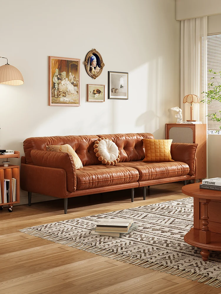 

American retro minimalist modern straight row small apartment sofa Nordic oil wax leather French antique living room sofa