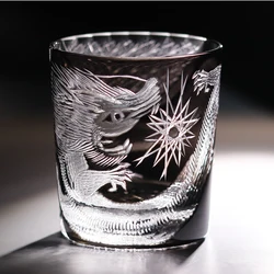 Japanese Style Multi Colored Whiskey Glass Edo Kiriko Dragon Whiskey Tumbler Hand Cut To Clear Black Colored Old Fashioned Glass