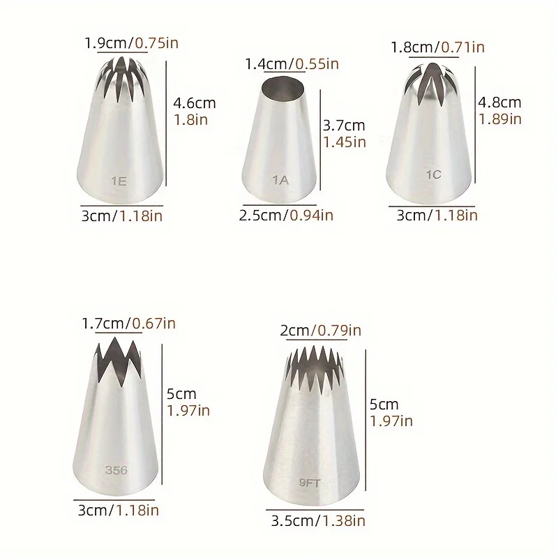 5pcs Piping Nozzles Set, Large Stainless Steel Icing Nozzles, Cream Cake Piping Tips For Dessert Biscuit Cup Cake, Kitchen Acces