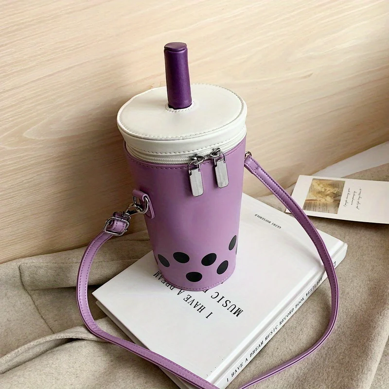 Mini bolso bandolera de té Boba: lindo diseño de PU, correa ajustable. Monedero de lunares blanco y rosa para mujer. ¡Compre ahora!