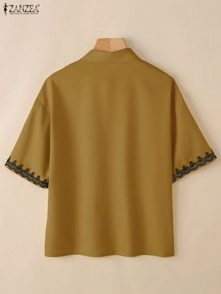 ZANZEA قمصان نسائية مطرزة برسوم كارتونية لصيف 2025 عادية بياقة مقلوبة دانتيل مرقعة نصف كم بأزرار حتى ملابس علوية يومية 3XL