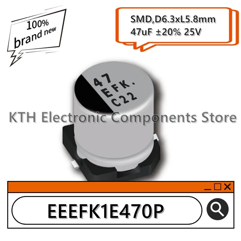 SMD 알루미늄 전해 캐패시터 스크린 인쇄, EEEEFK1E470P EEE-FK1E470P, 47uF, 25V, 6.3x5.8mm, 신제품, 10 개