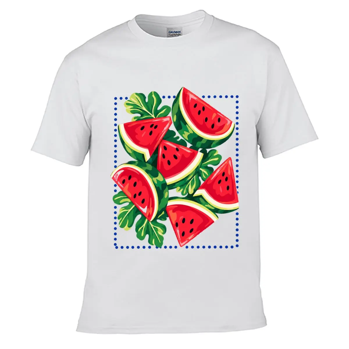 Watermelon Slices Green Leaves Fruit Pattern Blue Dotted Border short-sleeved T-shirt