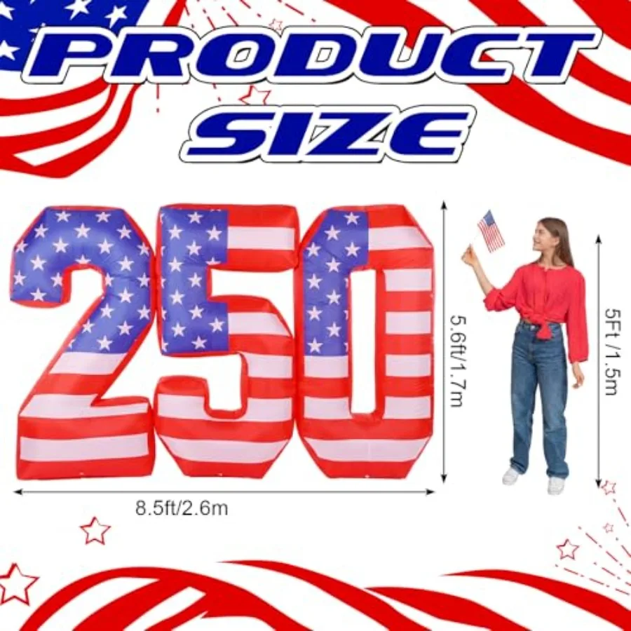 Outdoor 4th of July decoration: 8.5 FT inflatable flag with built-in LED lights, patriotic red-white-blue fabric, weather-resis