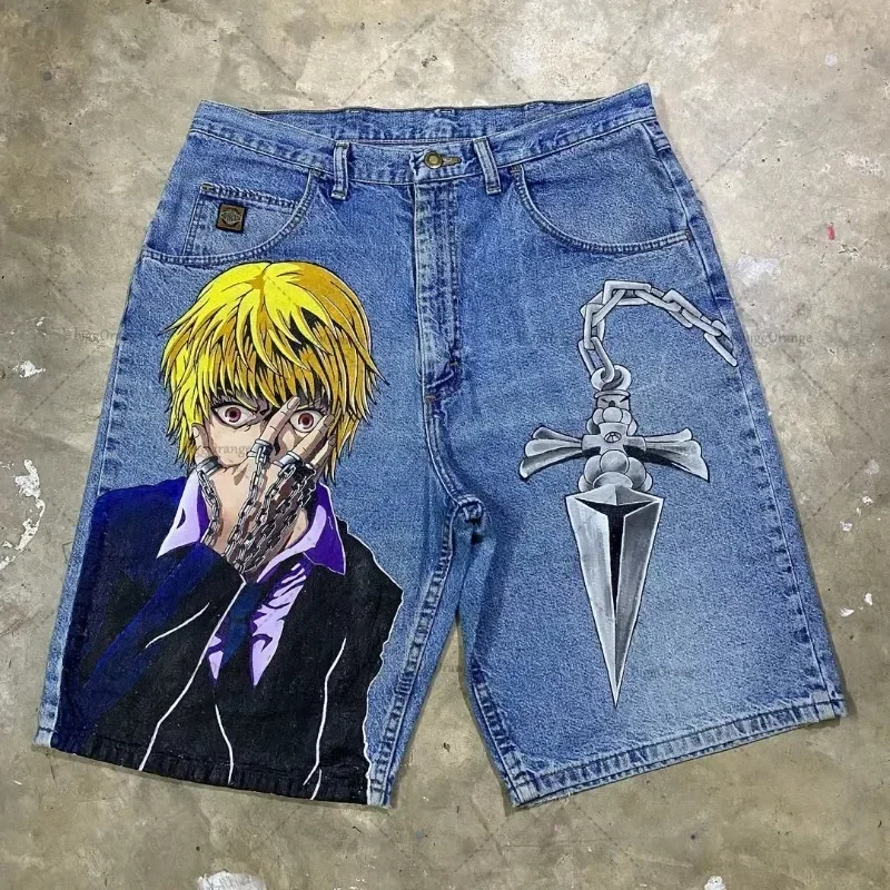

Cartoon Anime Print Fashion Loose Jeans Shorts Men Y2k American Casual Streetwear Gothic Punk Oversized Wide-leg Pants Women