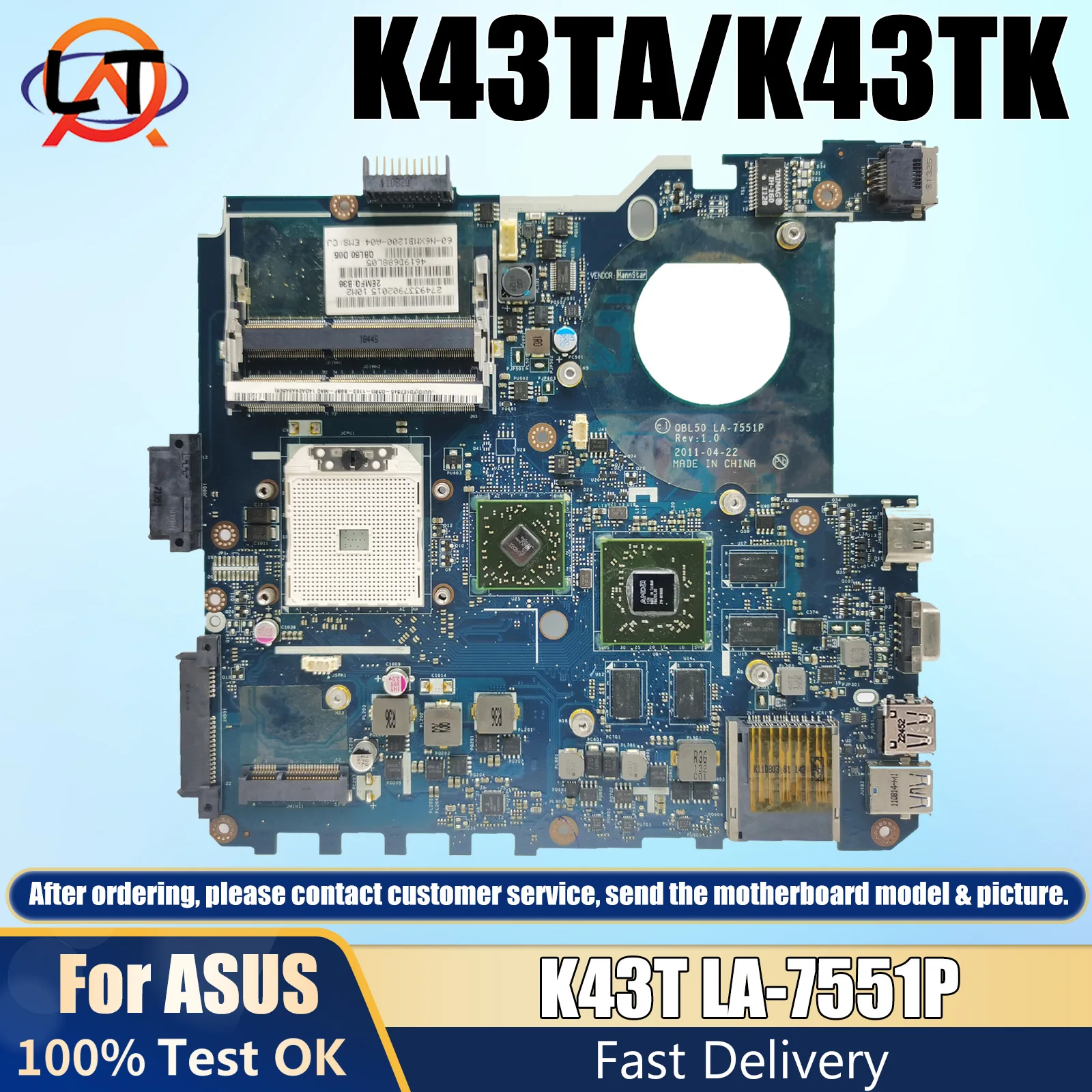 

K43TA/K43TK Mainboard For Asus LA-7551P X43T K43T K43TA Laptop Motherboard 100% Tested Working