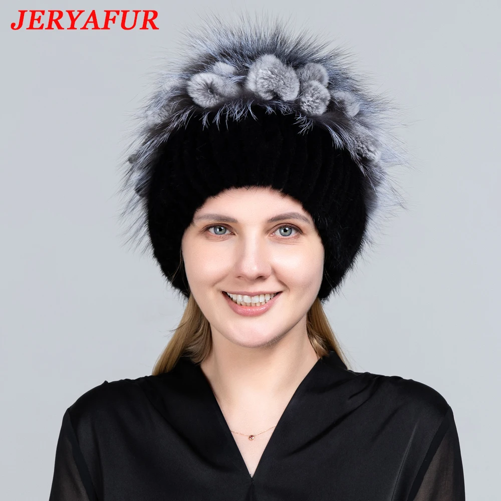 JERYAFUR Knitted Fur Hat Women Winter Warm Natural Mink Fur Hats Striped Stylish Beanie Hat