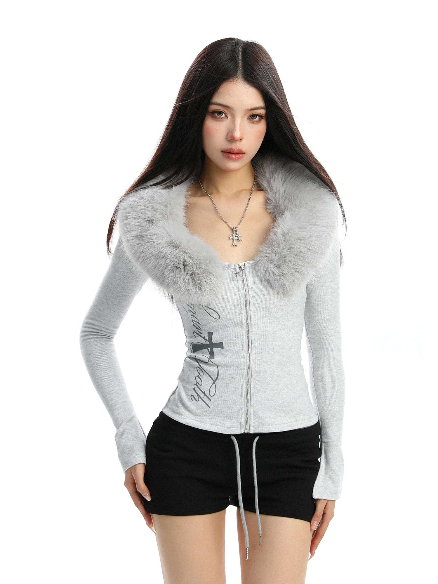 

Sexy Long Sve Zipper Cardigan T-irt Women's Slim Fit V-Ne Printed Casual Autumn Faion Removeable Fur Collar Top