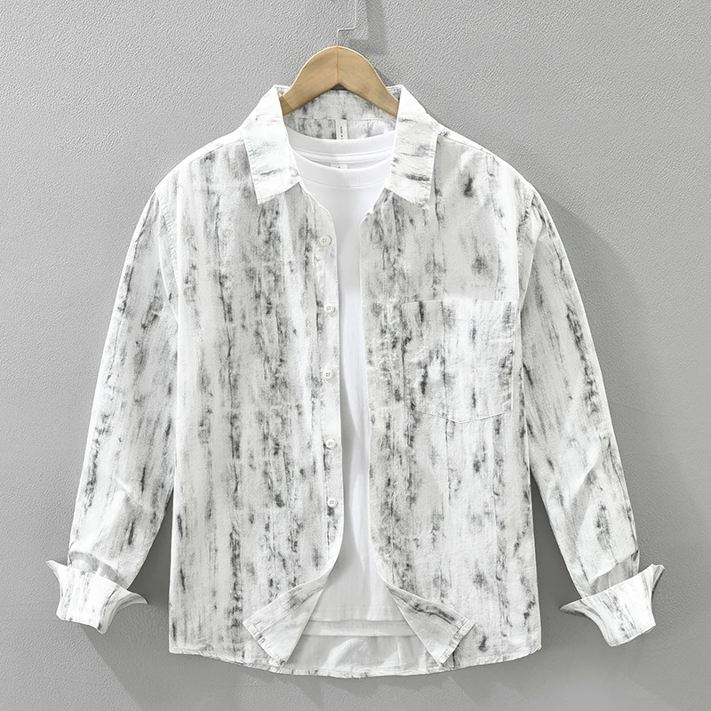 

2025 Autumn New Print Shirt for Men Pure Cotton Loose Long Sleeve Shirts Oversize Fashion Men's Clothing