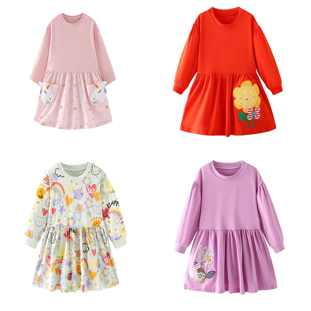 Jumping Meters 2-7T Pockets Princess Girls Dresses For Autumn Winter Children Clothes Animals Embroidery Kids Party Dresses