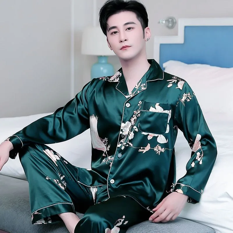 New Pajamas Men's Spring Autumn Long Sleeved Pijamas Set Dragon Pattern Large Size Ice Silk Sleepwear Korean Homme Clothing Suit