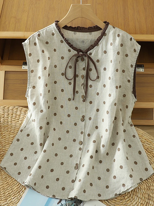 Summer Casual Loose Polka Dot Linen Svel irt Women's Cotton Linen Small Top with Belt Floral Collar Button Detail