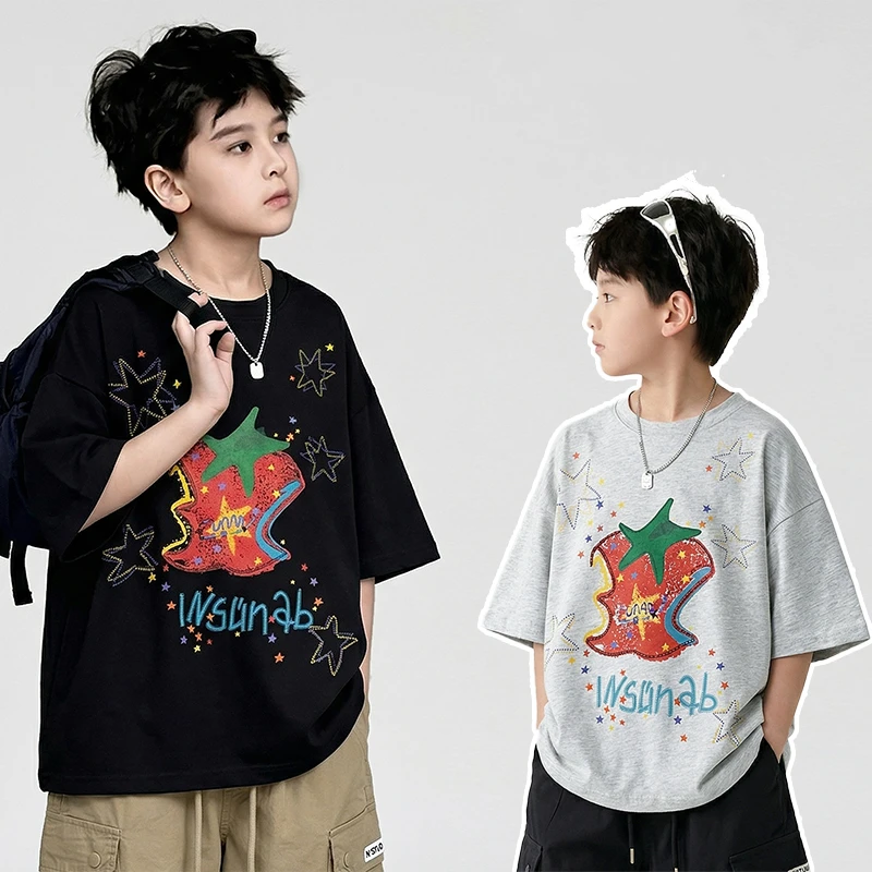 

2026 Boys Short Sleeve Cotton T-Shirt Korean Casual Child Tshirt New Summer Printed O-Neck Clothes Kids Tees Tops 5-14 Years Old