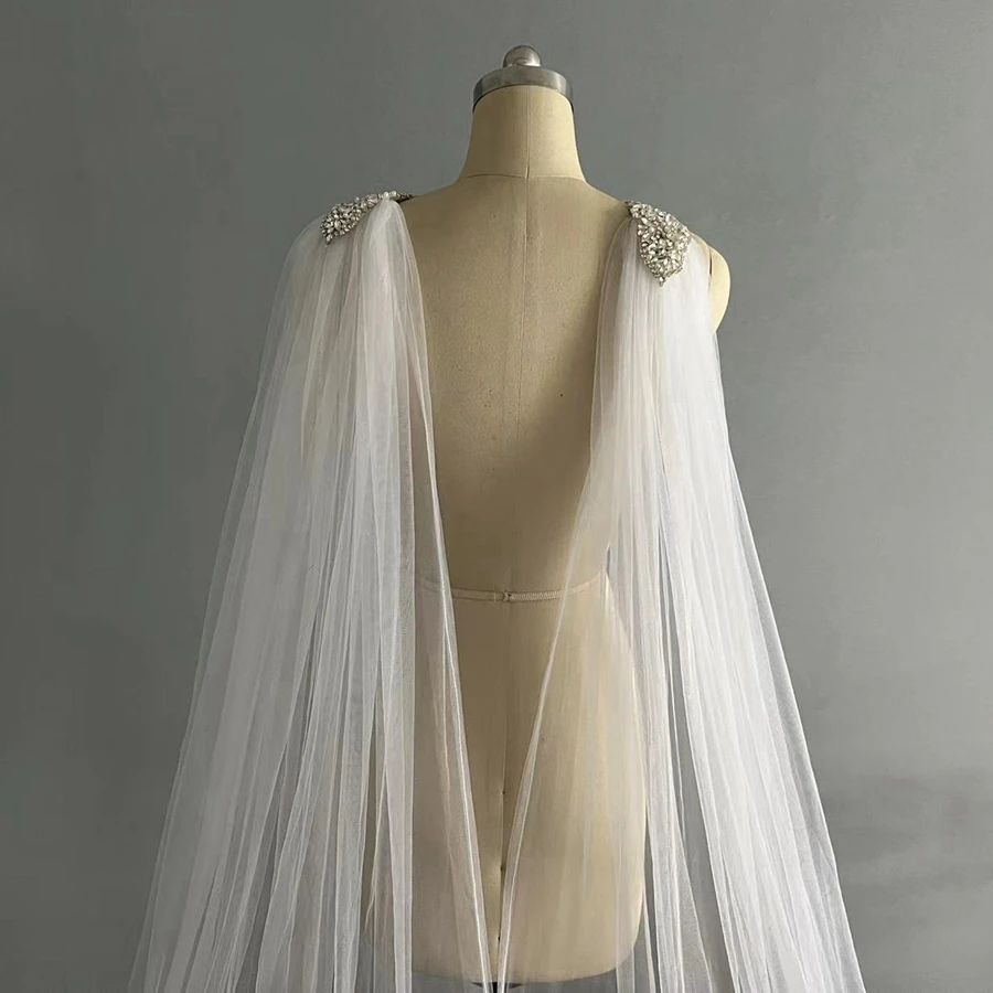 In Stock White Ivory Cape Veil Rhinestone Appliques on Shoulders 3 Meter Long Bridal Shoulder Veil Wedding Accessories