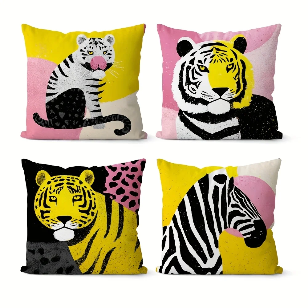 4pcs Modern Cartoon Tiger & Zebra Throw Pillow Covers, Bold Color Block Wildlife Print Cushion Cases, Playful Kids Home Decor