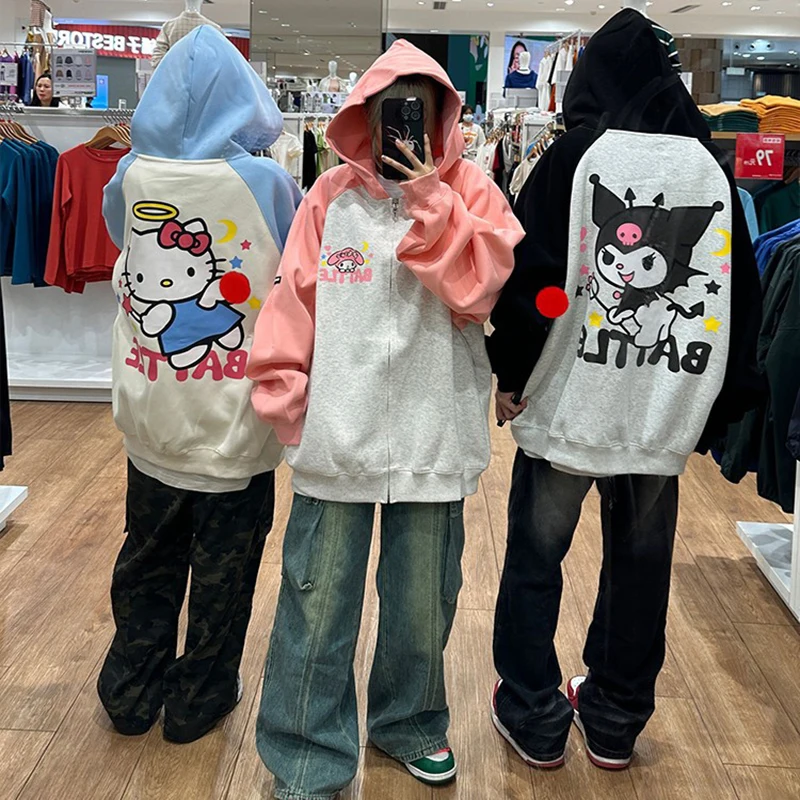 

2023 Sanrio Anime Kulomi Melody Hellokitty Cotton Shoulder Cardigan Hoodie Women Spring And Autumn Oversize Couple Loose Coat