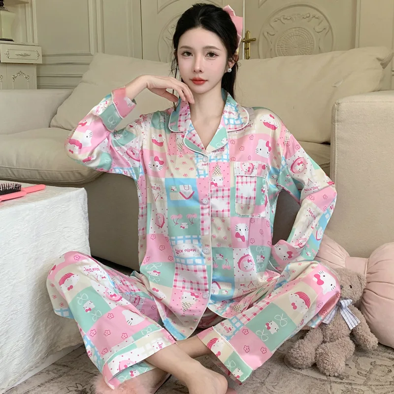 Sanrio Girl Leisure Time Flip Collar Pajama Set Spring and Autumn Kawaii Hello Kitty Comic Fashion Cardigan Leisure Wear New Kit