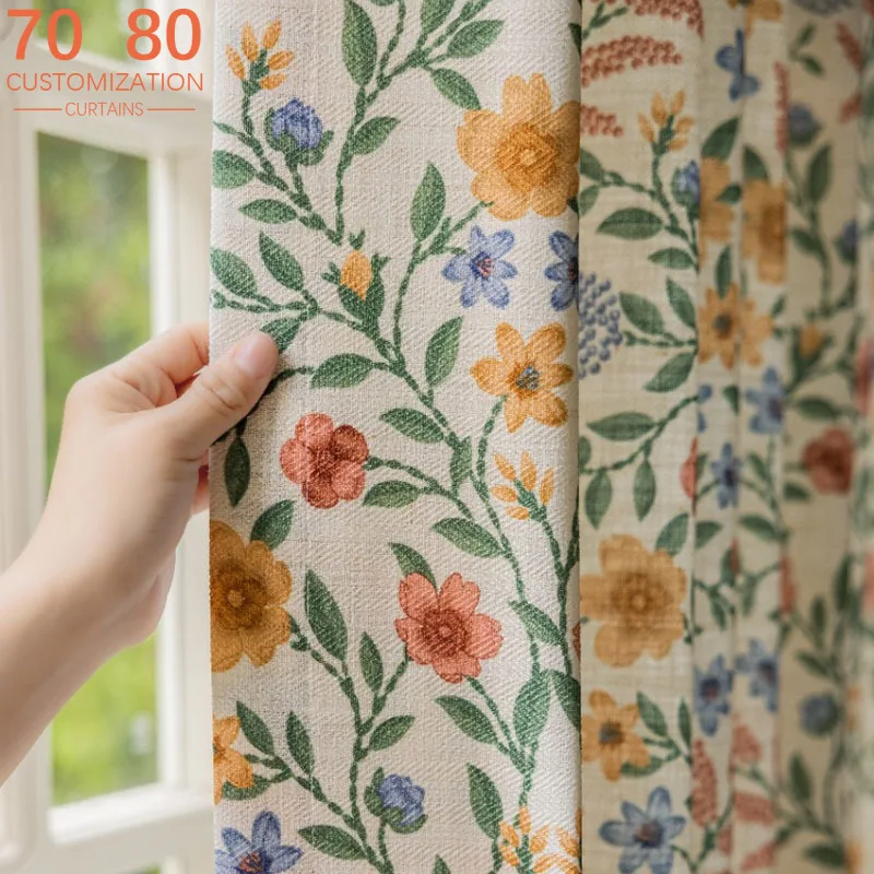 American Rustic Botanical Flower Cotton and Linen Printed Curtains for Bedroom Living Room Floating Window Curtains Customised