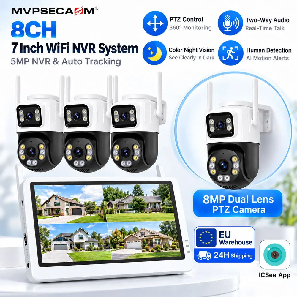 Sistema di telecamere di sicurezza NVR WiFi con app ICsee, 8 canali, 7 pollici, 5MP, telecamera PTZ a doppia lente 8MP con rilevamento automatico del movimento, rilevamento umano, visione notturna a