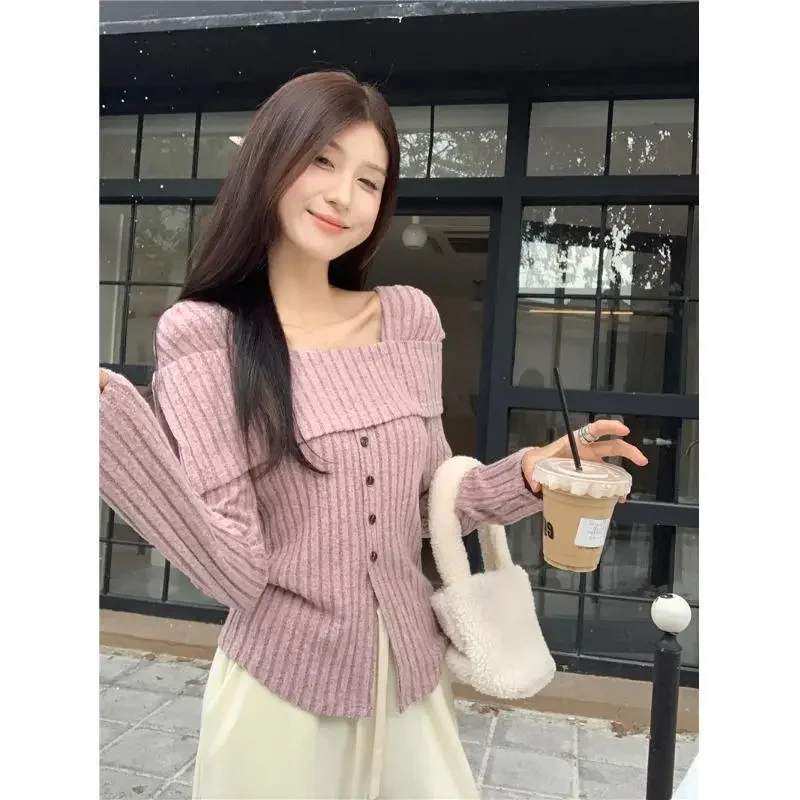 Slash Neck Jumper Women's Clothing Slim Fit Split Pullovers Fashion Korean Sueter Mujer Sexy Pull Femme Knitting Sweater Tops