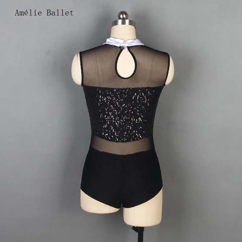 19101 Leotardo de lentejuelas de malla negra, trajes de actuación escénica de Jazz y Hip Hop para mujeres y niños, ropa de baile sin mangas, falda