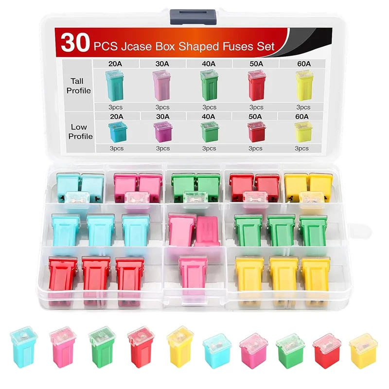 30pcs Jcase Fuse Assortment Kit Low Tall STD Profile Box Shaped Fuses 20A 30A 40A 50A 60A Cartridge Fuse For Car Pickup Trucks