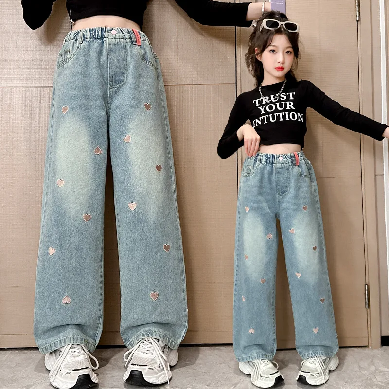 2025 Spring Autumn Girls Versatile Love Metal Buckle Wide Leg Pants Kids Pocket Jeans Children Elastic Waist Trousers 5-14 Years