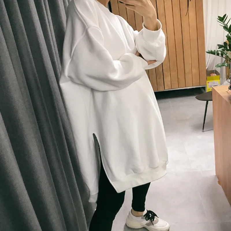 Johnature 2024 New Solid Color Women Sweatshirts Autumn Winter Long Slits Loose O-neck Pullover Female Hoodies
