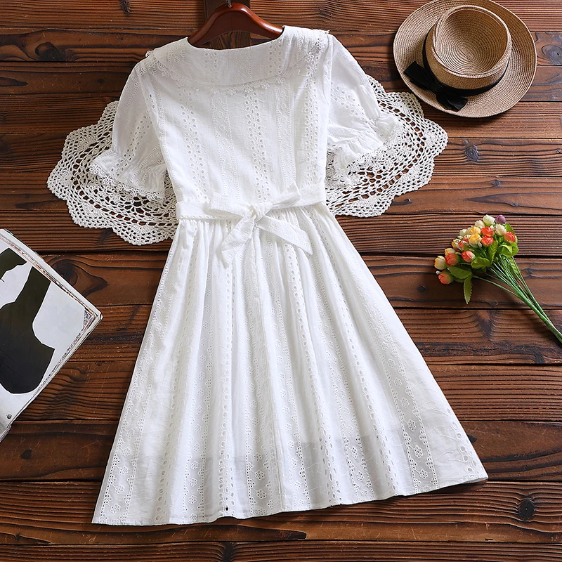 Mori girl solid vestidos New summer fashion short sleeve women vintage white dress