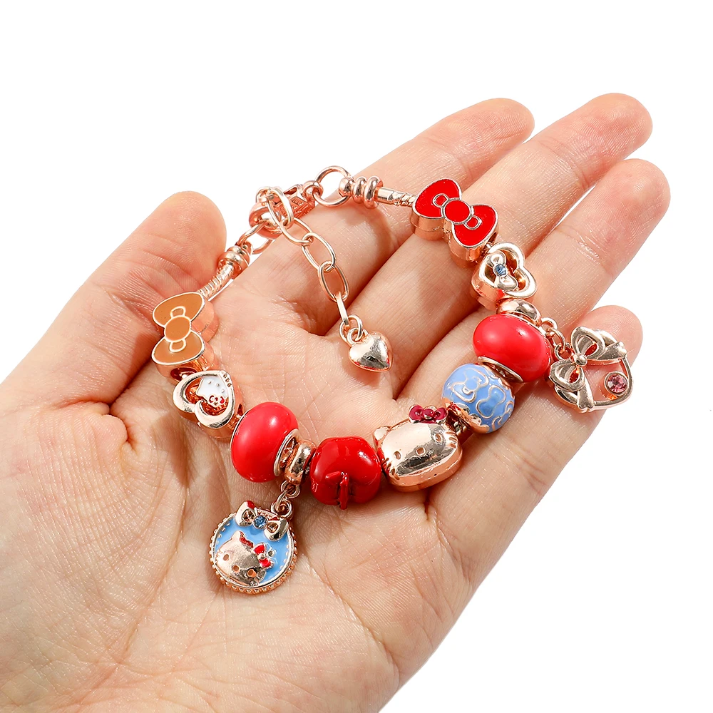 Japan Anime Red Bead KT Cat Charm Bracelet Cartoon Cute Bow Metal Pendant Chain Bangle Gifts for Girls DIY Original Jewelry