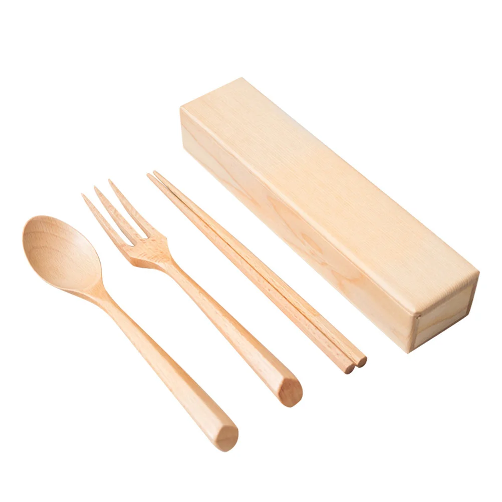 

1 Set Japanese Style Spoon Chopsticks Fork With Case Wooden Tableware Set Portable Lightweight Flatware Kit For Travel