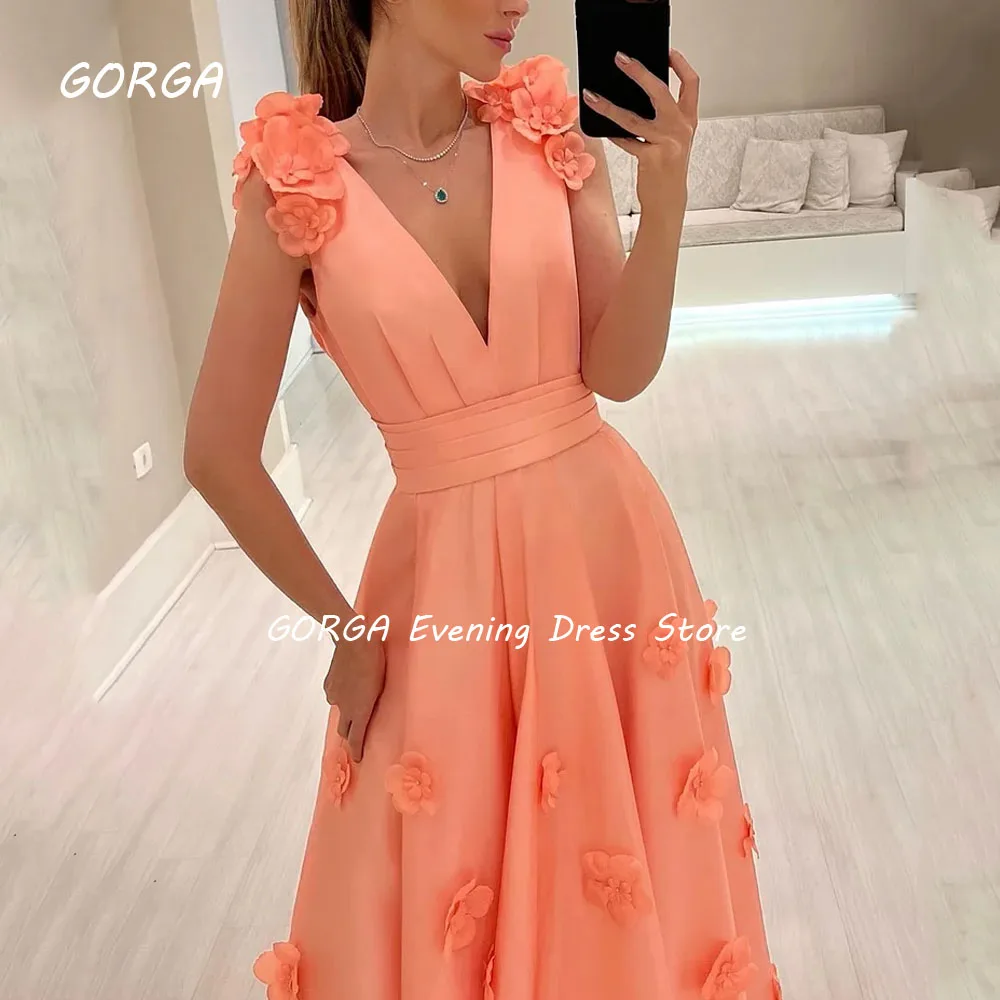 GORGA Orange 3D Flowers A-LINE Evening Gowns Elegant Short Sleeve V-Neck Party Prom Dress Floor Length Formal Occasion Gown