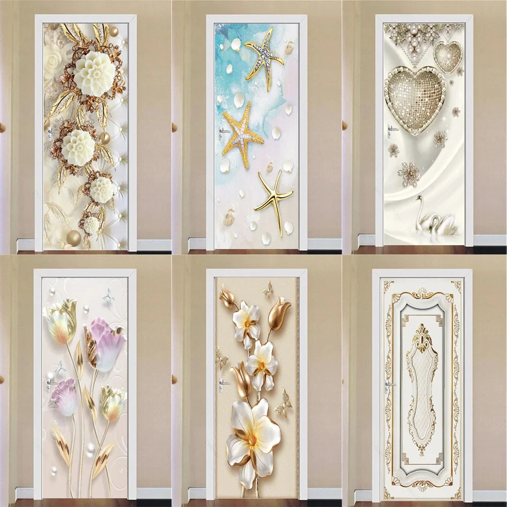 3D Relief Light Luxury Door Stickers Bedroom Bathroom Carved White Door Gold Ball Wallpaper Decorative Modern Design