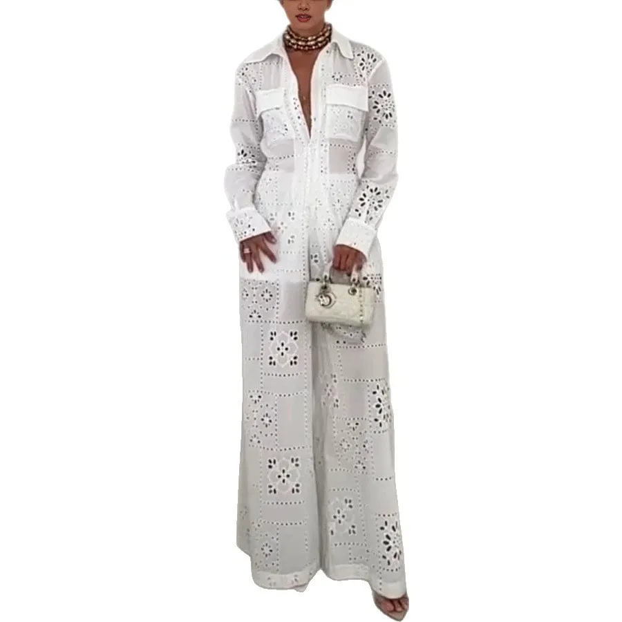 Women's Solid Color Long-sleeved Cardigan. With Hollow-out Design, Fashionable Loose-fitting Long Pants, And A Lapel. Necklace -