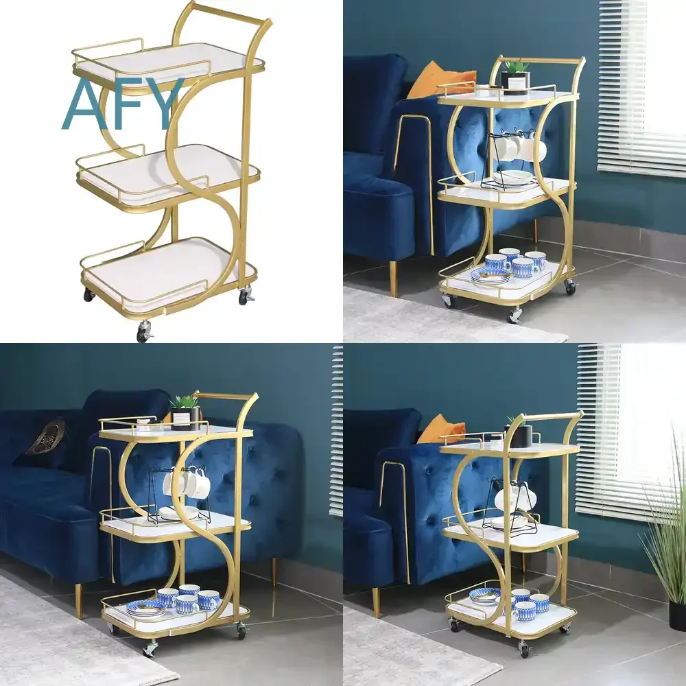 Restaurant Coffee Shop Hotel Food Tea Wine Dessert Serving Cart for White Gold Metal Marble Hand Trolley with Wheels