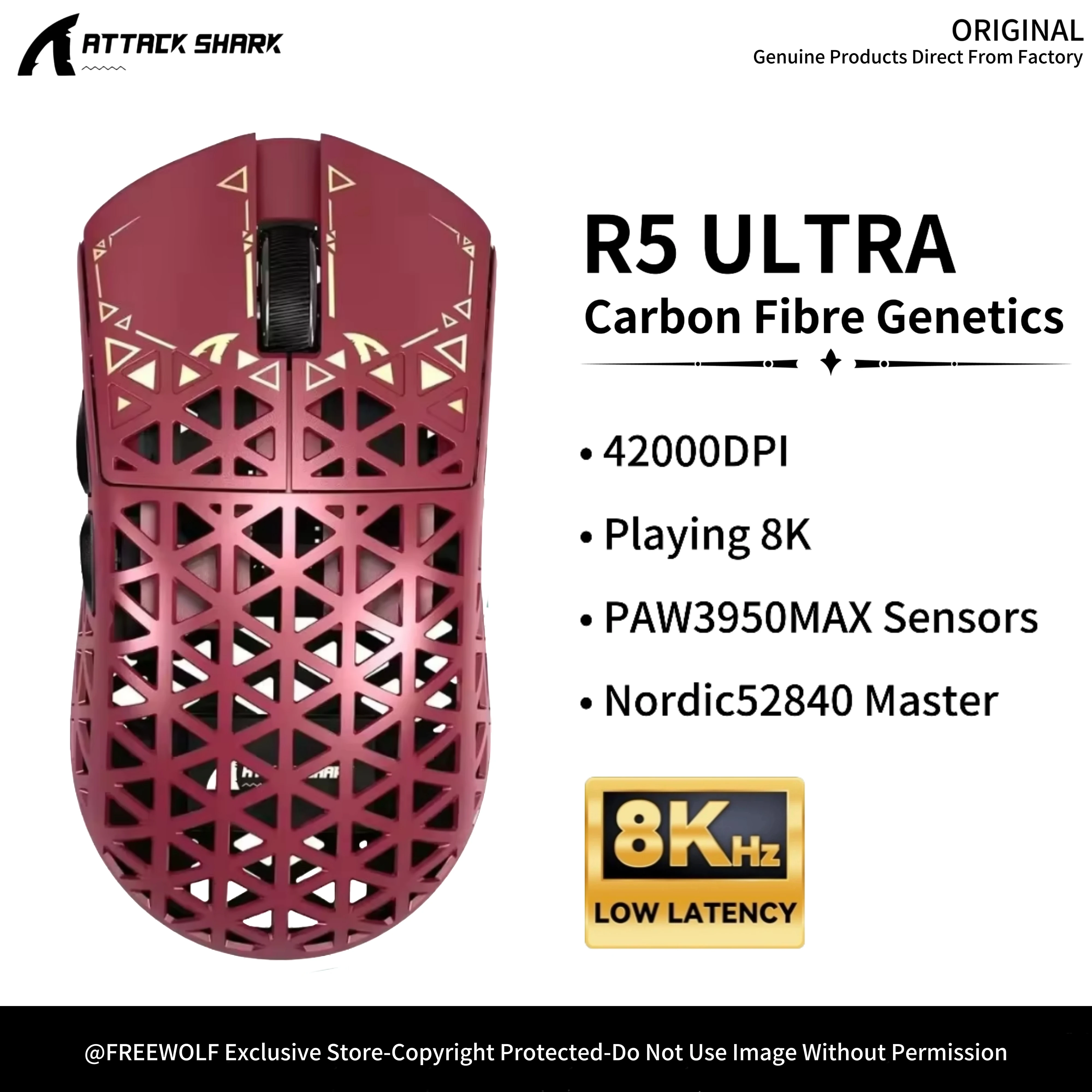 Wireless 8K Polling R5 Ultra Mouse ATTACK SHARK PAW3950MAX Sensor,Carbon Fiber Composite Design,42000DPI,0.7/1.0/2.0mm LOD High