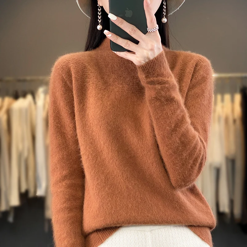 DjzDsm 100% Mink Fleece KnittedHalf High Neck Long Sleeve Pullover Autumnand Winter Clothing Loose Warm Tops Sweater