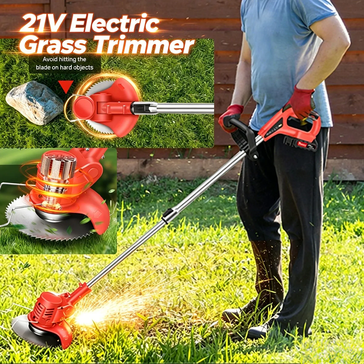 Recortadora de Césped Eléctrica de 21V con Batería, Recortadora de Jardín con Barra Telescópica, Desbrozadora Manual Recargable