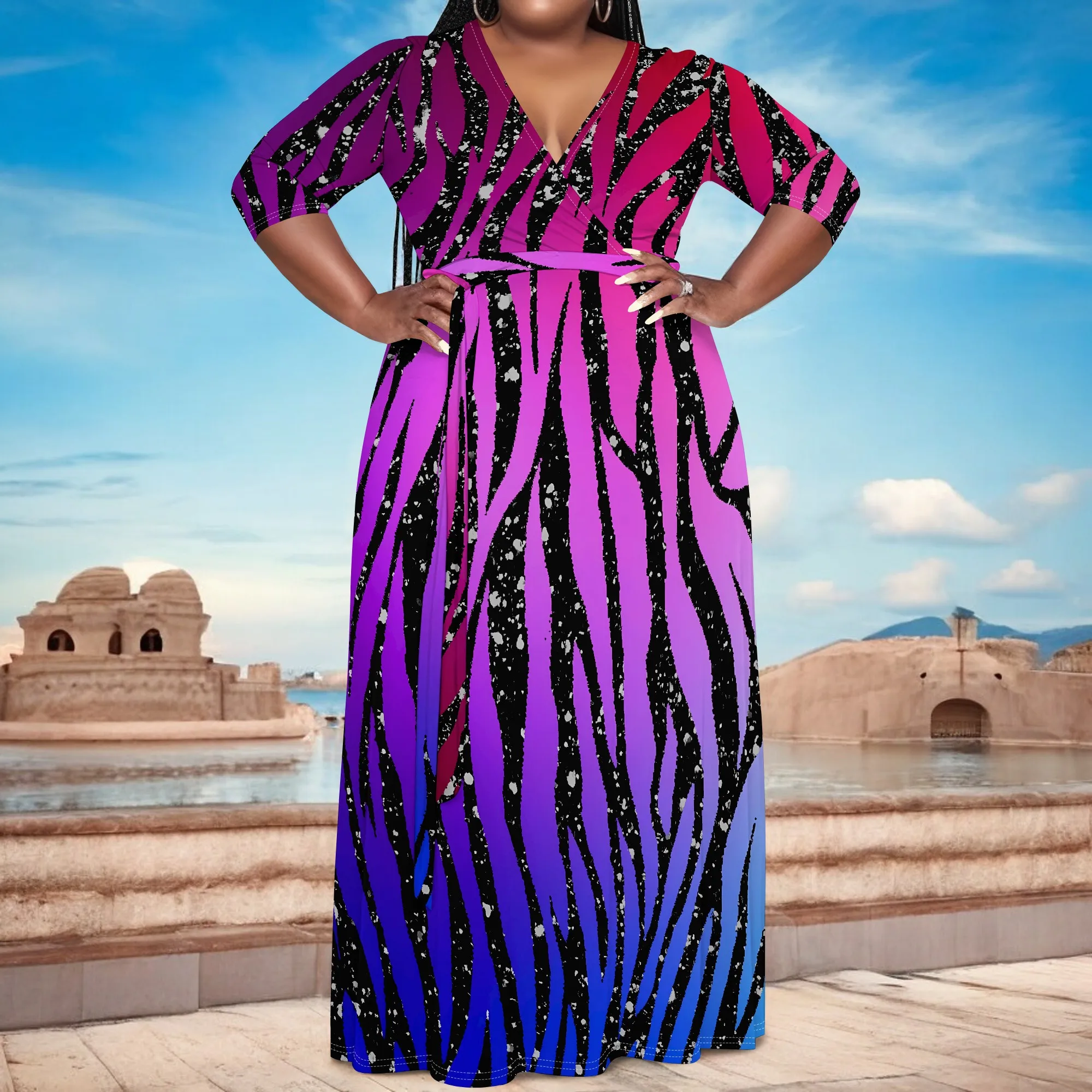 

Nupusa Gradient Zebra Print Dress for Women Plus Size Summer Casual V Neck Half Sleeve Maxi Dress