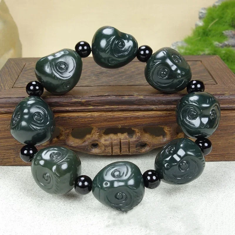 

Natural Hetian Jade Monkey Bead Jade Bracelet Jewelry Lucky Exorcise Evil Spirits Auspicious Amulet Fine Jade Jewelry Bracelet